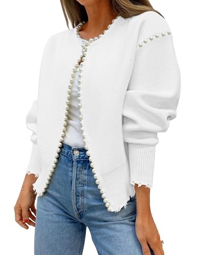 Kedera Women's Open Front Pearls Trim Cardigan Sweater Casual Knitted Long Sleeve Valentine's Day Outerwear Coat
