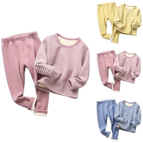 Kids Boys Girls Striped Thermal 𝐏ajamas Set Long Sleeve Fleece Winter Warm 𝗦leepwear Elastic Waist Pants Set