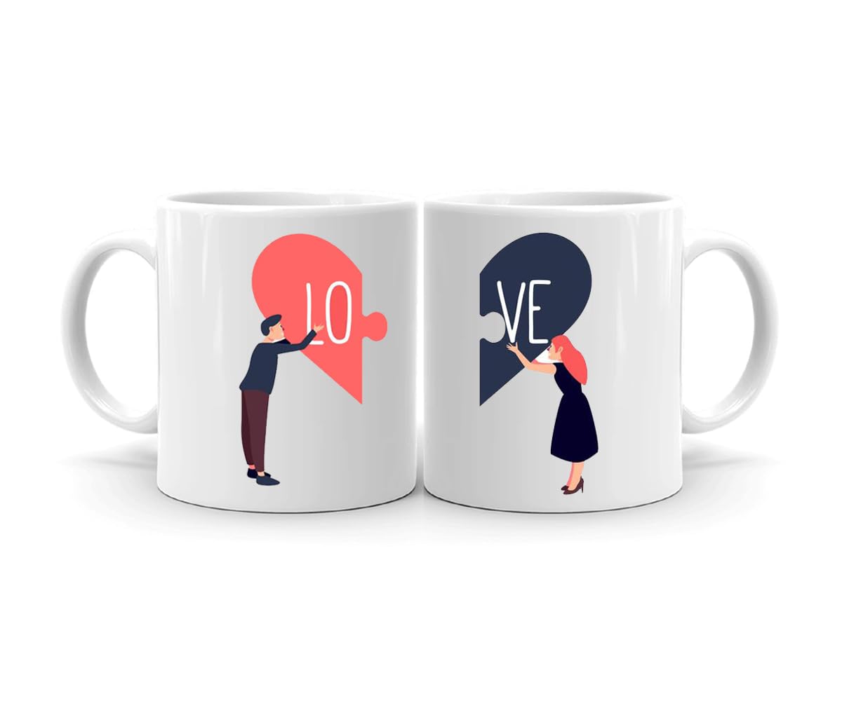 Desginer Printed Coffee Mug/Cup Set of 2- White Ceramic Mugs/Cups (Lo and Ve Print)