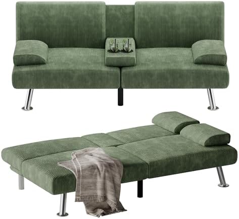 Flamaker Futon Sofa Bed Corduroy Folding Couch Adjustable Sleeper Sofa Bed for Small Apartment Upholstered Living Room Furniture Set with 2 Cup Holders Removable Armrests (Green) 2 41uwNPETYTL. AC