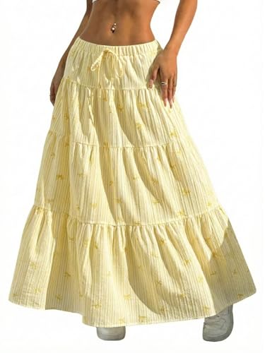 Image of Verdusa Women's Long Maxi Skirt Boho Flowy Flared Ruffle Skirts 2026 Beach Vacation Summer Going Out Outfits