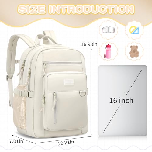 Kids Backpack for School Cute Aesthetic Beige Backpack Girls Student Bookbag Women Travel Lightweight Book Bag - Image 3