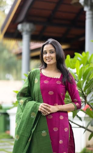 Image of Women's Cotton Silk Kurta Set with Dupatta | Embroidered Straight Kurti with Matching Pants | Traditional Ethnic Wear Suit for Festive, Casual & Office Wear