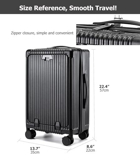 feilario 20in Aluminium Frame Hardside Spinner Wheel Luggage with Zipper Closure, Built-In TSA lock Carry on Suitcase, with Cup Holder & USB Port & Phone Holder Black(with zipper closure, 20in)2