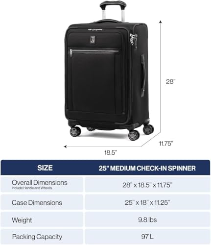 Image of Travelpro Platinum Elite Softside Expandable Checked Luggage, 8 Wheel Spinner Suitcase, TSA Lock, Men and Women, Dark Blue, Checked Medium 25-Inch