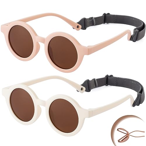 KamQen 2 Pieces Flexible Round Polarized Baby Sunglasses with Adjustable Strap for Infant Newborn Boys Girls Age 0-24 Months