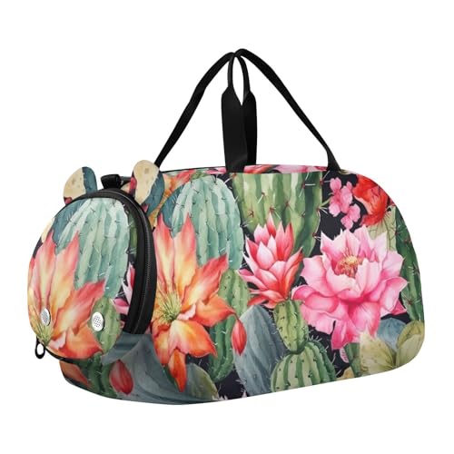 Watercolor Cactus Duffle Bag for Girl, Sports Duffle Gym Bags with Shoe Compartment, Personalized Overnight Bag Travel Weekender for Kids