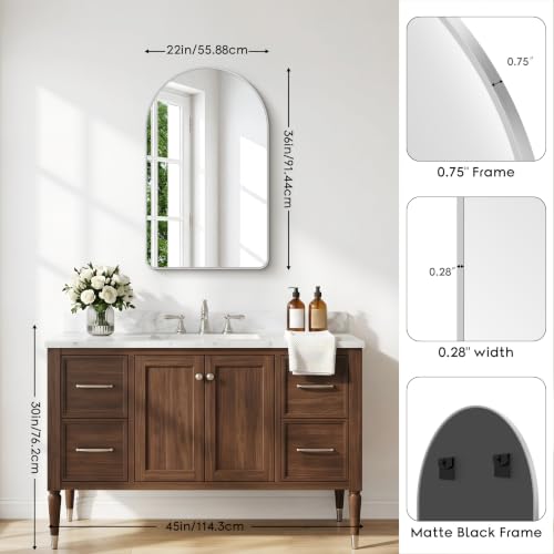 Image of BONEWEI Arched Wall Mirror,22x36 inch Silver Arched Mirror Bathroom,Vanity Mirror for Over Sink Metal Frame,Tempered Glass Arch Mirrors for Bedroom,Entryway,Living Room,Home Decor Shatter-Proof