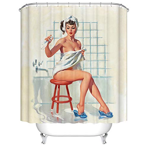 Badezimmer-Duschvorhang-Dekoration, sexy hübsches Pin-Up-Mädchen zum Baden, Körperkunst, Mal-Stil, Fangkun Polyestergewebe, Metallösen, Badvorhänge - 12 Stück Duschhaken - 183 x 183 cm Cover