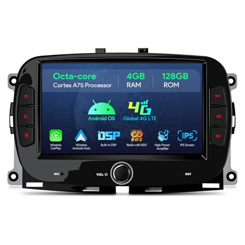 Radio de coche de 7" para Fiat 500 con pantalla IPS 2K, sistema Octa-Core y 128 GB de almacenamiento