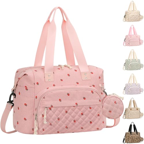 Tenot Corduroy Diaper Bag Tote, Baby Bag Travel Diaper Tote Bag with Pacifier Case, Large Tote Diaper Bag for Women, Baby Diaper Bags For Baby Girl Boy Mom Maternity Hospital Bag, Pink Strawberry