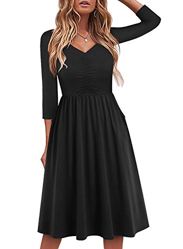 YATHON Casual Dresses for Women 3/4 Sleeve Cotton V Neck Fall Dress A-Line Dress with Pockets (L, YT096-Black)