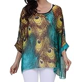 Bohemian Gasa Mujer Camiseta Playa Cover Up Camiseta de Sol Casual Fluida Blusa con Estampado Floral, azul, Talla única