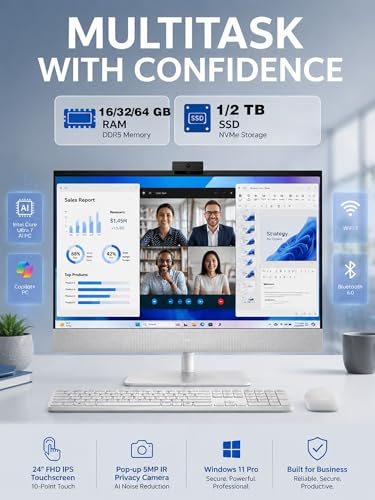 Image of Dell 24 inch Touchscreen All-in-One Desktop Computer - Core Ultra 7 AI PC for Business & Creative Professionals, 64GB DDR5 RAM, 2TB SSD, Win11 Pro, Bluetooth 6.0, WiFi 7, 24'' FHD Anti-Glare Display