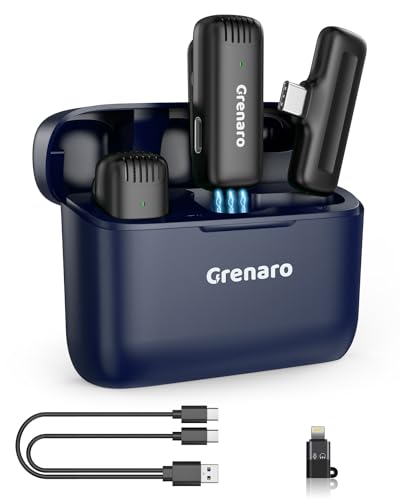 Image of GRENARO J13 Wireless Mic with Charging Case, One-Click Maximum Level Noise Reduction Lapel Mic, Multicolor Wireless Microphone for Youtubers, Surpported for Android /iPhone-Dual Universal (Blue)
