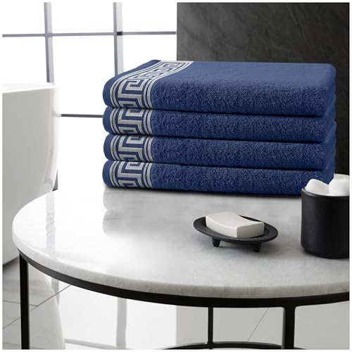 GC GAVENO CAVAILIA Greek Key Bath Towels 4 Pack – Large 500 GSM Towels with Quick Dry & Super Absorbent Finish, Soft 100% Egyptian Cotton Bathroom Towel Set, Luxurious Feel - 66 x 115 CM - Navy