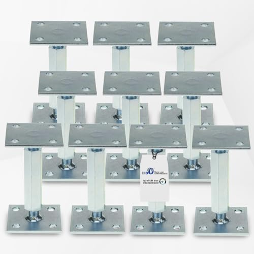 Pfostenträger höhenverstellbar (10 Stück) Boden/ Trägerplatte 100 x 100 x 5 mm Stützenfuß Stützfuß Bodenfuß Betonfuß mit Gewindemuffe verstellbar, Rechts-Linksgewinde