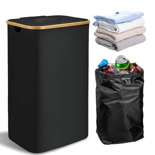 bechoanigel Cubos de Basura de Reciclaje, 93L Papelera Reciclaje con Tapa, Contenedores de Reciclaje Cocina con 2 Bolsas de Mano, Bolsas Reciclaje para Papel, Plástico y Vidrio(Negro)