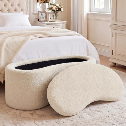 Image of Zesthouse Storage Bench for Bedroom End of Bed, 39.4 inch Small Curved Entryway Ottoman Bench, White Sherpa Fabric Bench Seat for Living Room Hall Mudroom, Modern Upholstered Coffee Table Crescent Shape