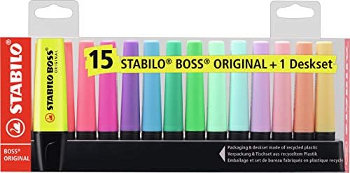 STABILO BOSS Original Fluorescent and Pastel Highlighters – Deskset of 15 Assorted Colours