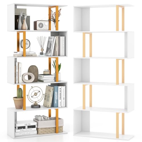 HOMASIS Estantería de Pared en Forma de S, estantería separadora de Habitaciones de Madera con Marco de Metal Dorado, estantería Blanca para salón, Estudio, Dormitorio (70 x 24 x 157 cm)