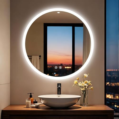 LUVODI Espejo Baño Redondo con Luz LED, 80 x 80 cm Espejos de Baño, Espejo Pared con 2 Interruptor Táctil, Función Antivaho, Luz Regulable de 3 Colores, Función de Memoria, Impermeable IP66