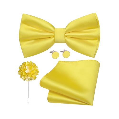 Dubulle Mens Lemon Yellow Bow Ties Pretied Solid Adjustable Bowties Pocket Square Lapel Pin Cufflinks 4PCS Set Business Wedding
