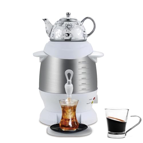Turecki zaparzacz do herbaty 1800 W, samowar ze stali nierdzewnej z ceramicznym garnkiem, pojemność 5 l, automatyczne wyłączanie i utrzymywanie ciepła, funkcja parzenia czarnej herbaty i kawy