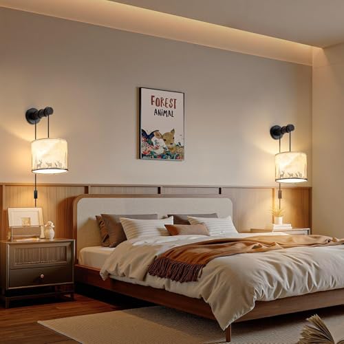 Image of Deer Plug in Wall Sconces Set of 2, Rustic Wall Sconce with Adjustable Cord & Wooden Arm, Western Wall Light Fixtures, Forest Wall Lamps for Bedroom, Living Room
