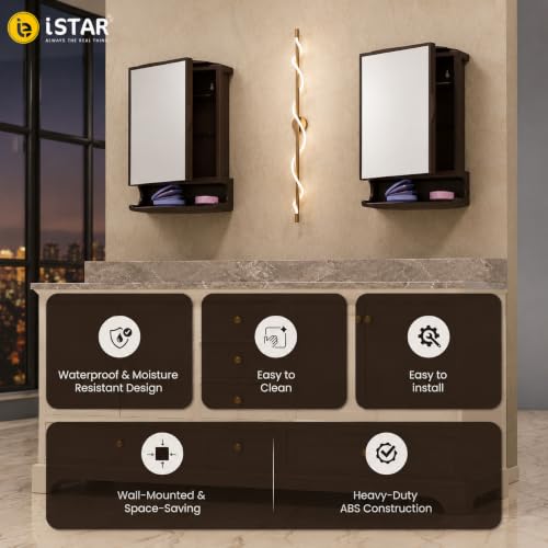 Image of iSTAR Bathroom Cabinet with Mirror | Multipurpose Storage Organizer with Mirror | Modern Wall Mounted Accessories for Bathroom, Kitchen and Home (Brown)
