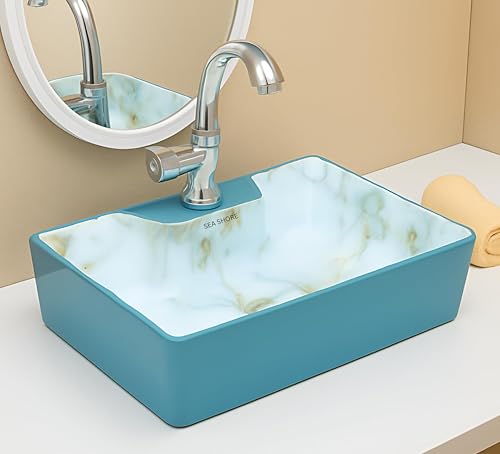 Image of SEA SHORE Ceramic Countertop Wash Basin, White Designer Table Top Bathroom Sink, Modern Over Counter Vanity Basin for Home, Hotel & Washroom, 16 x 12 x 5.5 Inch