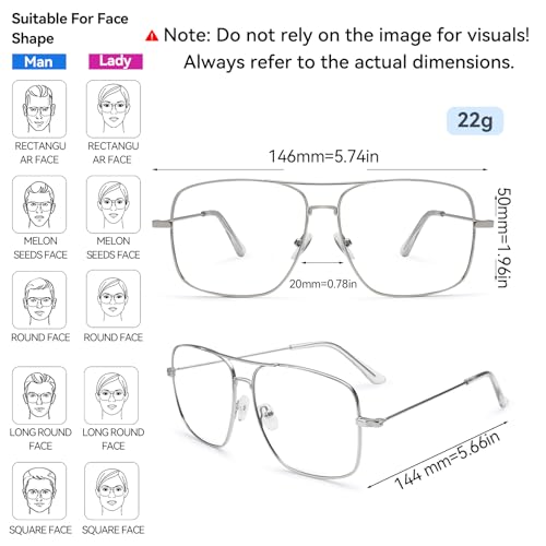 Image of Dollger Oversized Blue Light Glasses for Men Classic Clear Lens Non Prescription Metal Aviator Square Frame Glasses Women