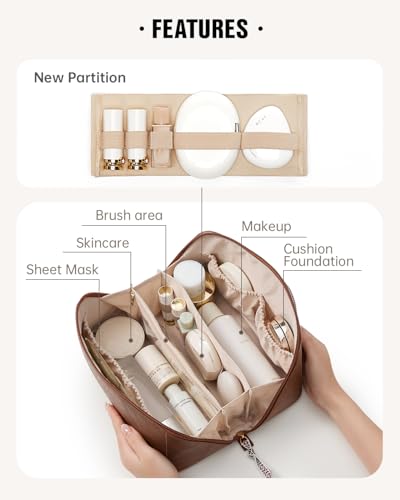 Image of EACHY Travel Makeup Bag, Large Capacity Cosmetic Bag for Women, Waterproof PU Leather, Flat Open Portable Toiletry Bag for Skincare, Brushes & Travel Essentials