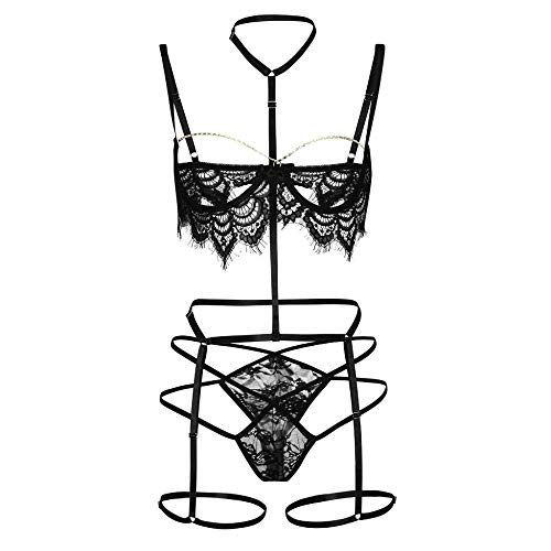 Lingerie sexy femme soutien-gorge tongs et chemise de nuit noire ensemble broderie taille M