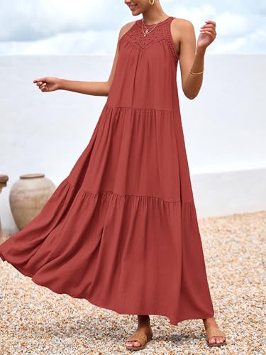 Image of BTFBM Halter Summer Dresses for Women 2026 Casual Spring Hollow Out Sleeveless Boho Sundresses Beach Vacation Maxi Dress