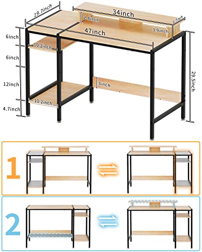 Minosys Computer Desk - 47” Gaming Desk, Home Office Desk With Storage, Small Desk With Monitor Stand, Writing Desk For 2 Monitors, Adjustable Storage Space, Modern Design Corner Table, Beech. #TOP2