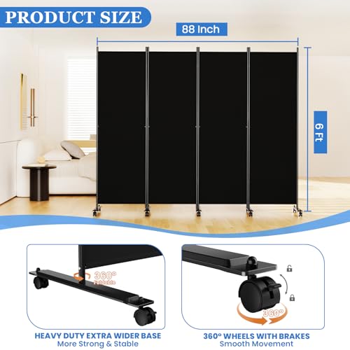 Image of SUNALLY Room Divider 6FT Folding Privacy Screens with Lockable Wheels, 4 Panel Room Partition for Room Separator, 88 inch W Freestanding Portable Fabric Wall Dividers for Home Dorm Studio Office, Black