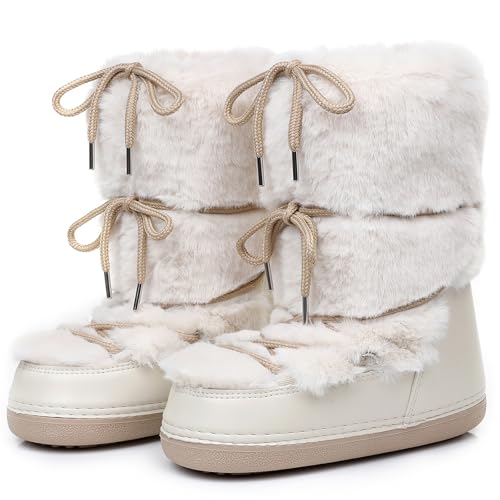 ZHENAIYISHENG Faux Fur Boots for Women - Fuzzy Fluffy Furry Water Resistant Snow Boots for Women...