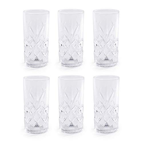 350ml Crystallised Glasses - Set of 6 | Highball Hi Ball Tumblers | Crystal Drinking Glasses | For Cocktails & Soft Drinks | Vintage Glassware | M&W