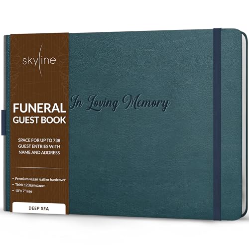 Image of Skyline Funeral Guest Book, Sign In Name & Address, Hardcover Deep Sea | 10 inchx7 inch, Elegant sign-in guestbook for memorial service & celebration of life with large signature space, Memory book