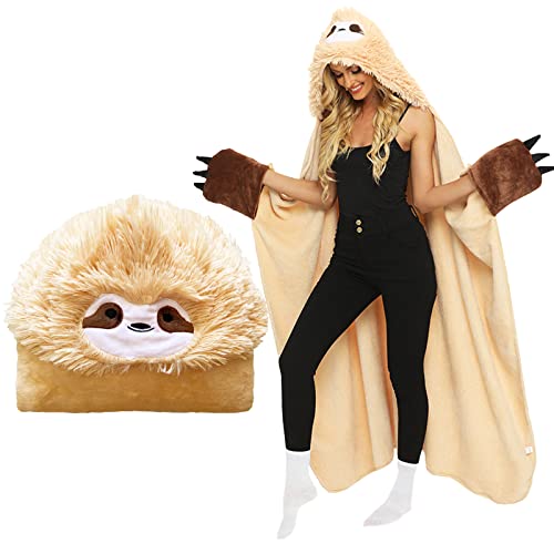 Faultier Decke, Tragbare Decke für Frauen, Faultier Geschenk für Frauen, Sofadecke Sloth Decke Warmer Kuscheldecke Flauschig, Decke mit Hut und Handschuhen,150 x 125 cm, Gelb-Faultier Cover