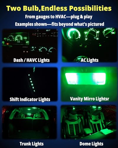 Image of WLJH Green T10 T5 LED Dash and Interior Bulb Kit with Twist Socket, 40-Pack | 4014 SMD, 300lm, Polarity-Free, for Instrument Cluster, Dome, Map, Vanity, Glove Box and License Plate Lights, Dimmable