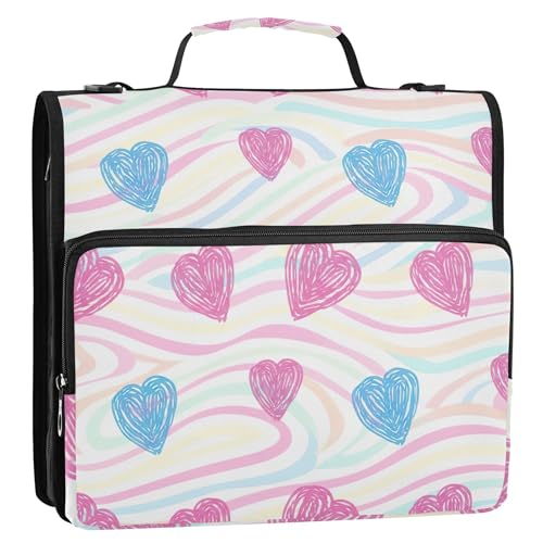 1.5インチ 3リングバインダー 高耐久 ブルーピンク ハート バインダー ジッパーオーガナイザー バインダー ショルダーストラップ付き 学校学生用 マルチポケット 大きなポートフォリオフォルダー