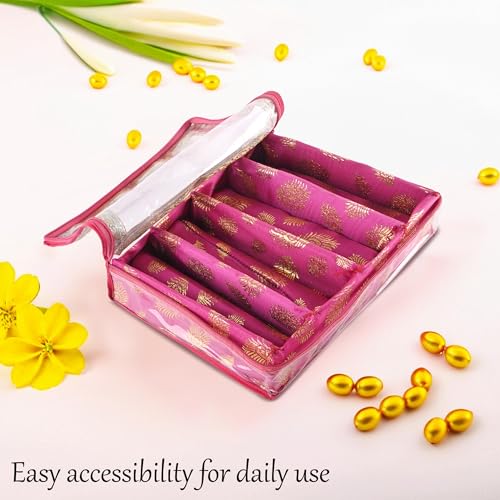 Image of Kuber Industries Transparent 4 - Rod Removable Bangle Organisers Storage Box with Zip | Wedding Jewellery Organizer Case & Bangle Box for Women with Small Mirror | Mor Pankh Print -Pink