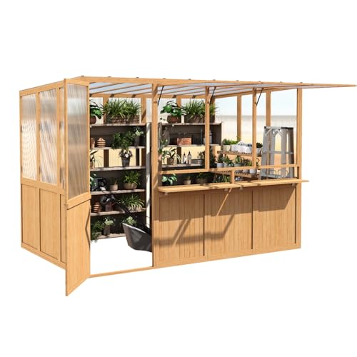 U-MAX 6x10 Ft Wood Greenhouse Outdoor Greenhouse with Polycarbonate Panel  Heavy Duty Lean to Walk in Greenhouse with Openable Window & Lockable Door for Outside Garden and Backyard