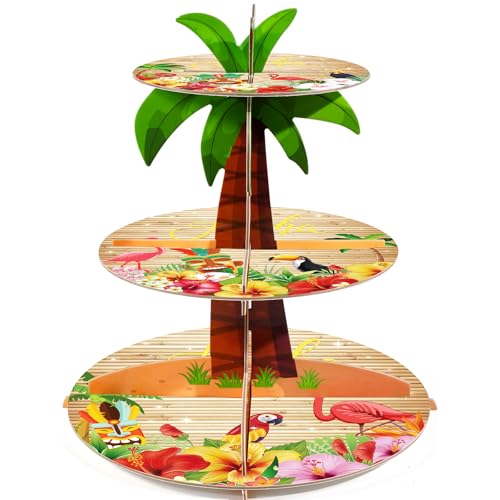 TEASIK 3-Tier Cupcake Stand - Palm Tree Party Decor for Luau, Hawaiian & Tropical Themed Events - Multi-Colored Cardboard Tiered Tray for Beach & Pool Party Decorations by TEASIK - Used condition - US$10.19
