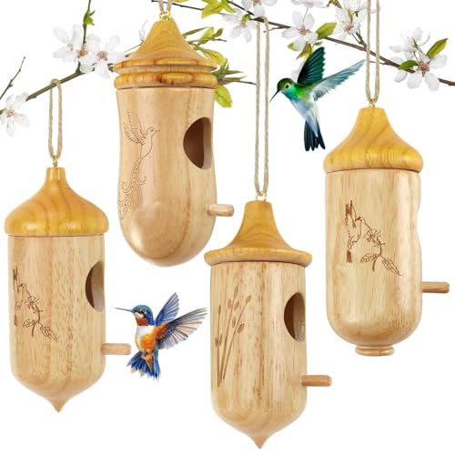 NOVWANG 4 PCS Hummingbird House Solid Wood with Hemp Rope, Outdoor Hanging Bird Watching House Bird House for Gardening Gifts Home Decoration