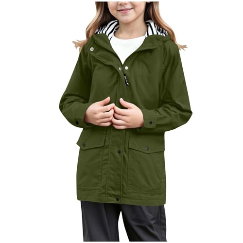 Girls Lightweight Waterproof Rain Jacket Hooded Raincoat Striped Lining Zip Up Windbreaker with Pockets 5-16 Years
