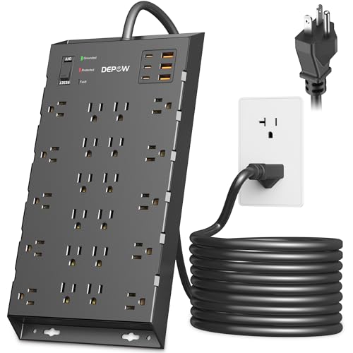 DEPOW Heavy Duty Power Strip Surge Protector 20Amp (Vertical Plug), T-Slot 20A Outlet, 10 Feet 12 Gauge Extension Cord with 22 AC Outlets(2500W/20A) 6 USB Ports (3 USB C) for Industrial Garage