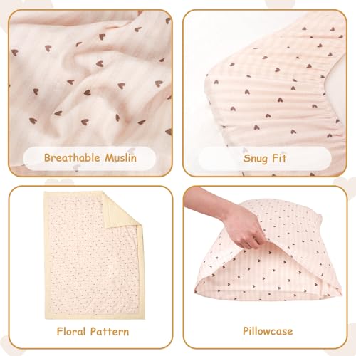 Image of Hooyax Muslin Toddler Bedding Set for Girls - 3 Piece Crib & Kids Bed Set with Fitted Sheet, Quilt and Pillowcase, Breathable & Soft Bedding with Romantic Heart Print